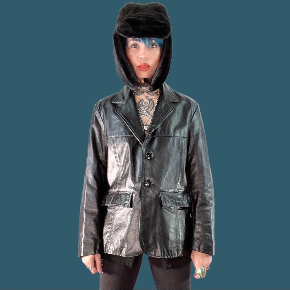 The Leather Shop x Sears slick black leather blazer